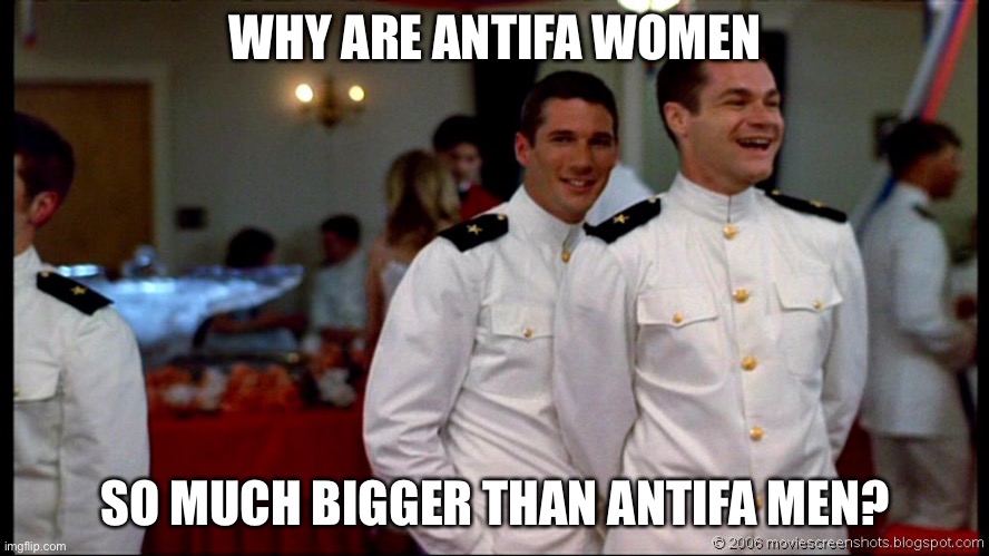 Antifa contrast | WHY ARE ANTIFA WOMEN; SO MUCH BIGGER THAN ANTIFA MEN? | image tagged in antifa | made w/ Imgflip meme maker