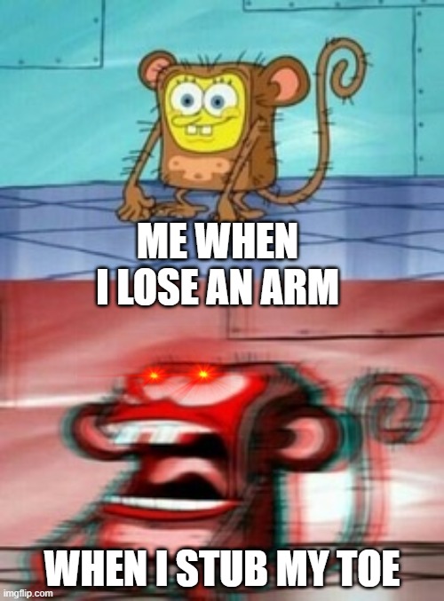 Monkey Spongebob | ME WHEN I LOSE AN ARM; WHEN I STUB MY TOE | image tagged in monkey spongebob | made w/ Imgflip meme maker