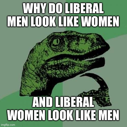 Philosoraptor | WHY DO LIBERAL MEN LOOK LIKE WOMEN; AND LIBERAL WOMEN LOOK LIKE MEN | image tagged in philosoraptor,maga,trump 2020,funny memes,liberals | made w/ Imgflip meme maker