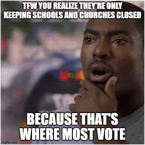 Shocked black guy | TFW YOU REALIZE THEY'RE ONLY KEEPING SCHOOLS AND CHURCHES CLOSED; BECAUSE THAT'S WHERE MOST VOTE | image tagged in shocked black guy | made w/ Imgflip meme maker