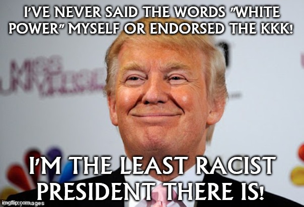 He never *said* white power. But he tweeted someone saying it! Yelling it actually! | I'VE NEVER SAID THE WORDS "WHITE POWER" MYSELF OR ENDORSED THE KKK! I'M THE LEAST RACIST PRESIDENT THERE IS! | image tagged in donald trump approves,white power,trump tweet,trump twitter,racist,racists | made w/ Imgflip meme maker