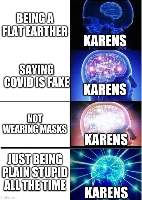 Big brain | BEING A FLAT EARTHER; KARENS; SAYING COVID IS FAKE; KARENS; NOT WEARING MASKS; KARENS; JUST BEING PLAIN STUPID ALL THE TIME; KARENS | image tagged in memes,expanding brain | made w/ Imgflip meme maker