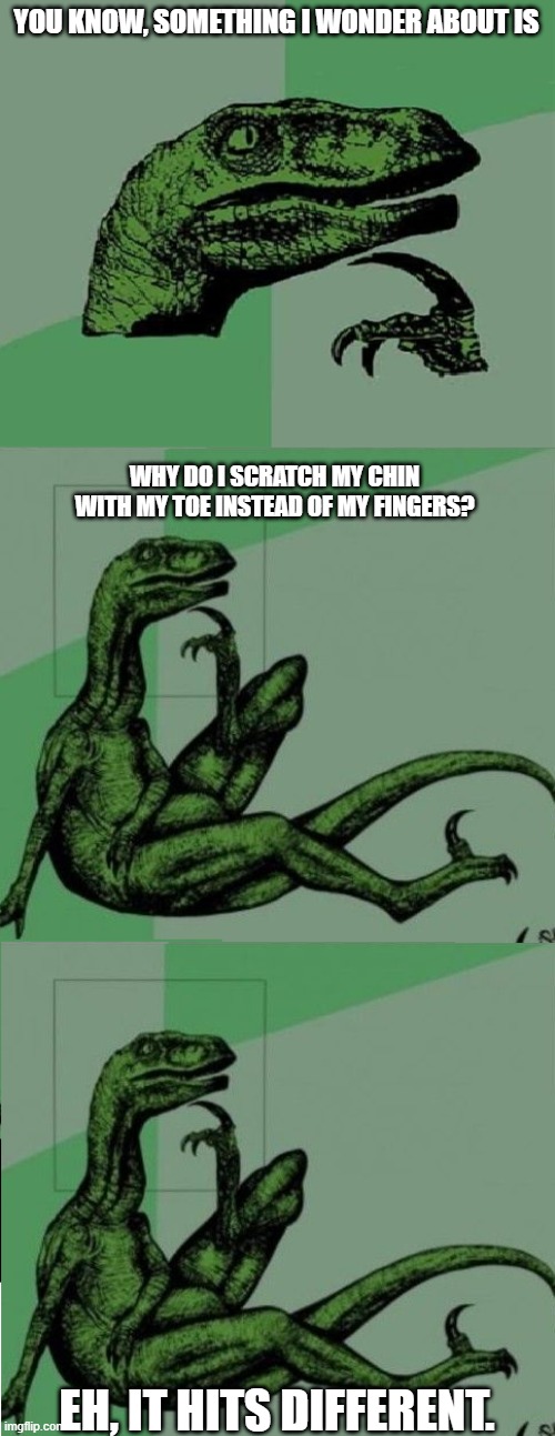 Let's scratch with our toes now, the philosoraptor knows where it's at! | YOU KNOW, SOMETHING I WONDER ABOUT IS; WHY DO I SCRATCH MY CHIN WITH MY TOE INSTEAD OF MY FINGERS? EH, IT HITS DIFFERENT. | image tagged in velociraptor,SpecialSnowflake | made w/ Imgflip meme maker