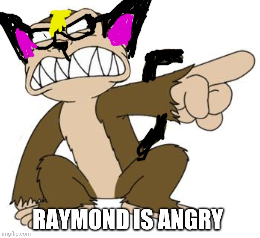 raymond is angry | RAYMOND IS ANGRY | image tagged in angry monkey family guy,raymond,animal crossing,raymond the cat,cursed image | made w/ Imgflip meme maker