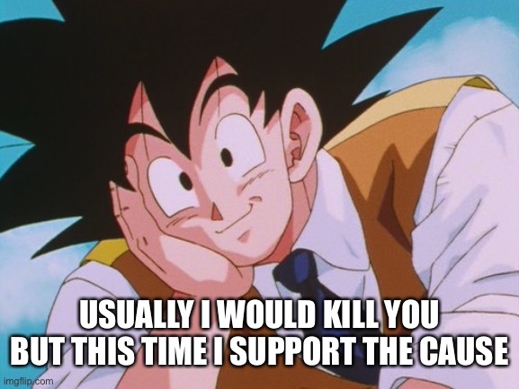 Condescending Goku Meme | USUALLY I WOULD KILL YOU BUT THIS TIME I SUPPORT THE CAUSE | image tagged in memes,condescending goku | made w/ Imgflip meme maker