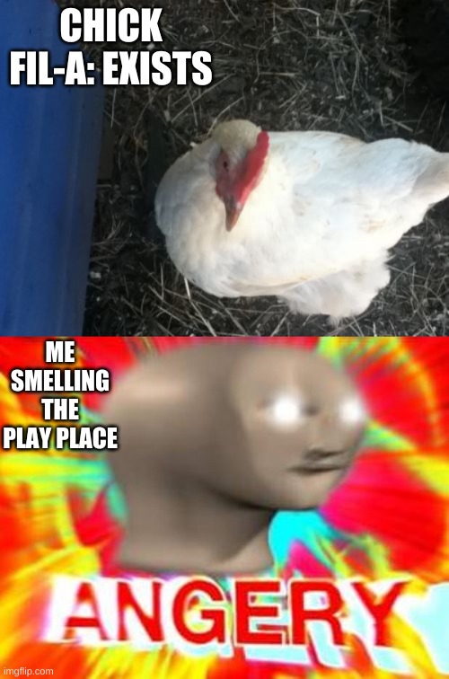 chick fil anger | CHICK FIL-A: EXISTS; ME SMELLING THE PLAY PLACE | image tagged in memes,angry chicken boss,surreal angery | made w/ Imgflip meme maker
