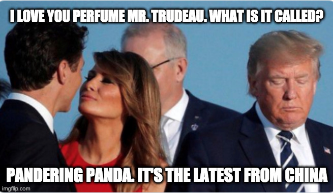 Trudeau's new fragrance | I LOVE YOU PERFUME MR. TRUDEAU. WHAT IS IT CALLED? PANDERING PANDA. IT'S THE LATEST FROM CHINA | image tagged in trudeau melania and donnie | made w/ Imgflip meme maker