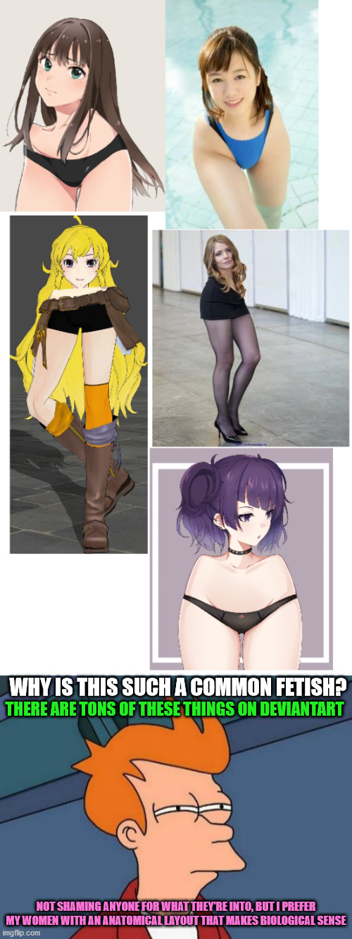 THERE ARE TONS OF THESE THINGS ON DEVIANTART; WHY IS THIS SUCH A COMMON FETISH? NOT SHAMING ANYONE FOR WHAT THEY'RE INTO, BUT I PREFER MY WOMEN WITH AN ANATOMICAL LAYOUT THAT MAKES BIOLOGICAL SENSE | image tagged in memes,futurama fry,deviantart,weird,fetish,women | made w/ Imgflip meme maker