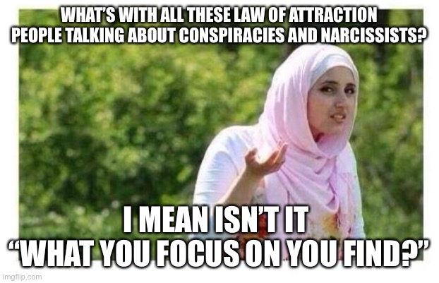 Confused Muslim Girl | WHAT’S WITH ALL THESE LAW OF ATTRACTION PEOPLE TALKING ABOUT CONSPIRACIES AND NARCISSISTS? I MEAN ISN’T IT 
“WHAT YOU FOCUS ON YOU FIND?” | image tagged in confused muslim girl | made w/ Imgflip meme maker