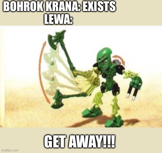 Bionicle | BOHROK KRANA: EXISTS
LEWA:; GET AWAY!!! | image tagged in bionicle,lewa,lewa toa of air,lewa toa mata,toa mata,toa of air | made w/ Imgflip meme maker