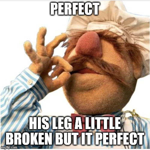 Masterpiece *mwah* | PERFECT HIS LEG A LITTLE BROKEN BUT IT PERFECT | image tagged in masterpiece mwah | made w/ Imgflip meme maker
