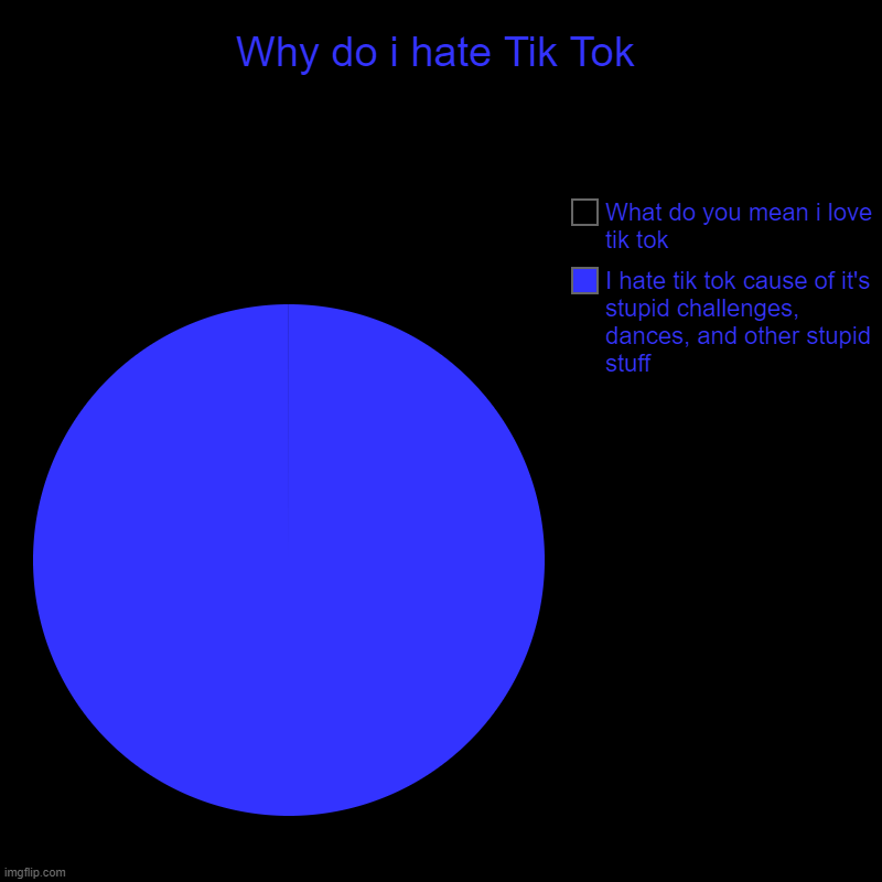 True So True #4 | Why do i hate Tik Tok | I hate tik tok cause of it's stupid challenges, dances, and other stupid stuff , What do you mean i love tik tok | image tagged in charts,pie charts | made w/ Imgflip chart maker