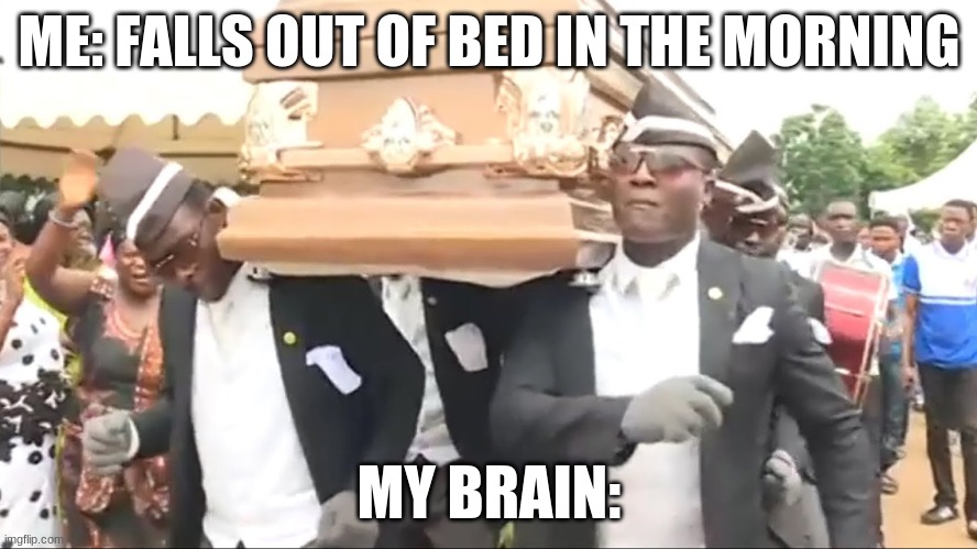 Great way to start the day | ME: FALLS OUT OF BED IN THE MORNING; MY BRAIN: | image tagged in coffin dance,fun | made w/ Imgflip meme maker