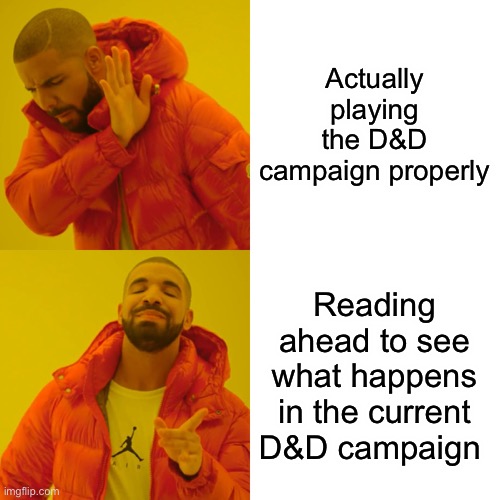 Drake Hotline Bling |  Actually playing the D&D campaign properly; Reading ahead to see what happens in the current D&D campaign | image tagged in memes,drake hotline bling | made w/ Imgflip meme maker