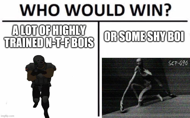 Who Would Win? Meme | A LOT OF HIGHLY TRAINED N-T-F BOIS; OR SOME SHY BOI | image tagged in memes,who would win | made w/ Imgflip meme maker