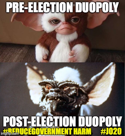 Fluffy cute till they no longer need you | PRE-ELECTION DUOPOLY; POST-ELECTION DUOPOLY; #JO20; #REDUCEGOVERNMENT HARM | image tagged in duopoly,shell game,presidential election,two faced,bait and switch | made w/ Imgflip meme maker