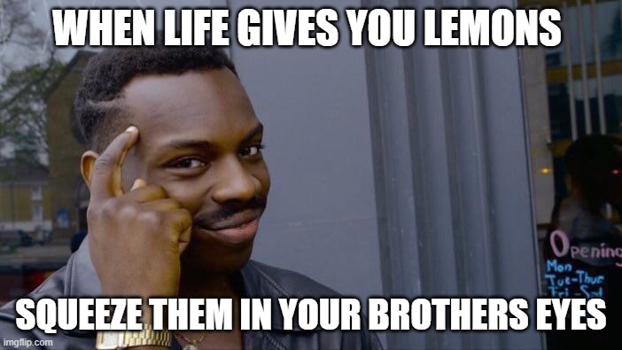 Roll Safe Think About It | WHEN LIFE GIVES YOU LEMONS; SQUEEZE THEM IN YOUR BROTHERS EYES | image tagged in memes,roll safe think about it | made w/ Imgflip meme maker