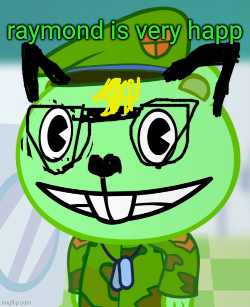 raymond is very happ | raymond is very happ | image tagged in raymond,animal crossing,happy tree friends | made w/ Imgflip meme maker