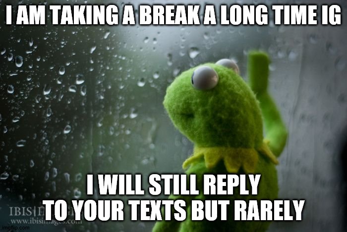 kermit window | I AM TAKING A BREAK A LONG TIME IG; I WILL STILL REPLY TO YOUR TEXTS BUT RARELY | image tagged in kermit window | made w/ Imgflip meme maker