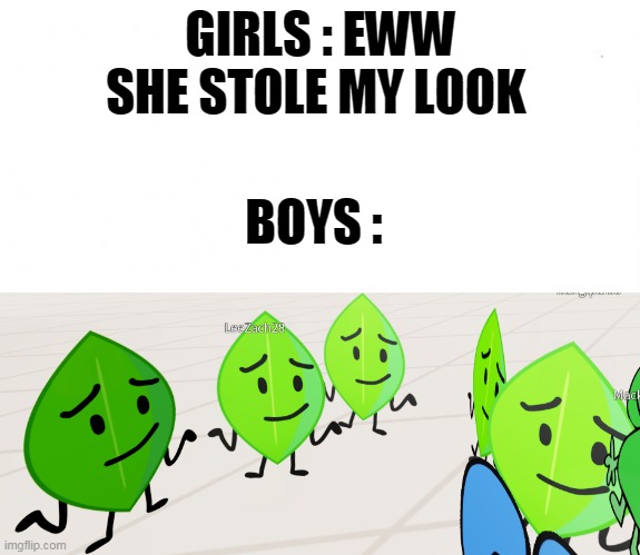 Leaf army | GIRLS : EWW SHE STOLE MY LOOK; BOYS : | image tagged in en blanco | made w/ Imgflip meme maker