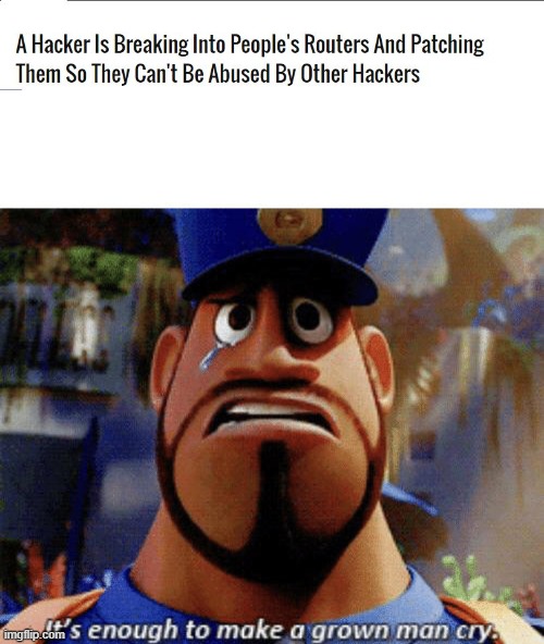 The hacker is an online security guard | image tagged in it's enough to make a grown man cry,memes,screenshot,news,hackers,routers | made w/ Imgflip meme maker