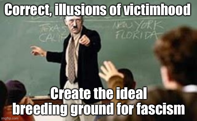 The slippery slope of victim mentality | Correct, illusions of victimhood; Create the ideal breeding ground for fascism | image tagged in victim mentality,nazis,fascism,tyranny,illusions,political meme | made w/ Imgflip meme maker