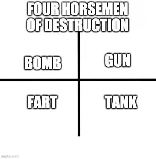 Blank Starter Pack Meme | FOUR HORSEMEN OF DESTRUCTION; GUN; BOMB; FART; TANK | image tagged in memes,blank starter pack | made w/ Imgflip meme maker