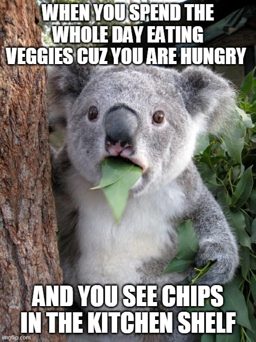 Surprised Koala Meme | WHEN YOU SPEND THE WHOLE DAY EATING VEGGIES CUZ YOU ARE HUNGRY; AND YOU SEE CHIPS IN THE KITCHEN SHELF | image tagged in memes,surprised koala | made w/ Imgflip meme maker