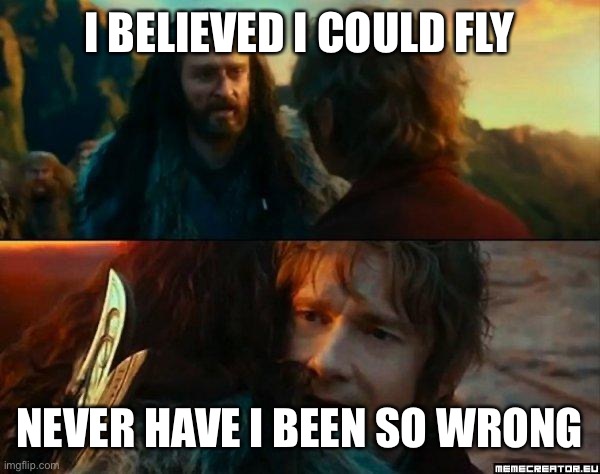 Never Have I Been So Wrong | I BELIEVED I COULD FLY; NEVER HAVE I BEEN SO WRONG | image tagged in never have i been so wrong | made w/ Imgflip meme maker