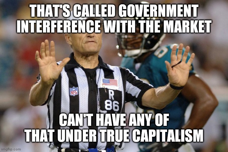 Interference Referee | THAT'S CALLED GOVERNMENT INTERFERENCE WITH THE MARKET CAN'T HAVE ANY OF THAT UNDER TRUE CAPITALISM | image tagged in interference referee | made w/ Imgflip meme maker