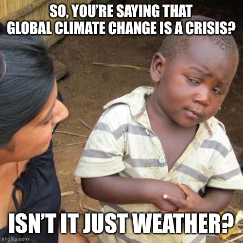 Third World Skeptical Kid Meme | SO, YOU’RE SAYING THAT GLOBAL CLIMATE CHANGE IS A CRISIS? ISN’T IT JUST WEATHER? | image tagged in memes,third world skeptical kid | made w/ Imgflip meme maker
