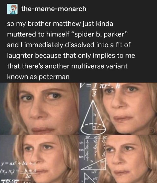 Took me way too long to get this | image tagged in confused,math lady,confused math lady,math lady/confused lady,spiderman peter parker,spiderman | made w/ Imgflip meme maker