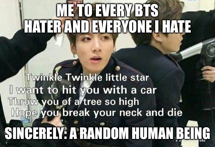 Send this to BTS haters | ME TO EVERY BTS HATER AND EVERYONE I HATE; SINCERELY: A RANDOM HUMAN BEING | image tagged in send this to bts haters | made w/ Imgflip meme maker