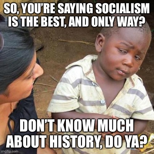 Third World Skeptical Kid Meme | SO, YOU’RE SAYING SOCIALISM IS THE BEST, AND ONLY WAY? DON’T KNOW MUCH ABOUT HISTORY, DO YA? | image tagged in memes,third world skeptical kid | made w/ Imgflip meme maker