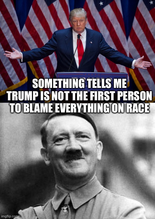 Trump | SOMETHING TELLS ME TRUMP IS NOT THE FIRST PERSON TO BLAME EVERYTHING ON RACE | image tagged in donald trump,adolf hitler | made w/ Imgflip meme maker