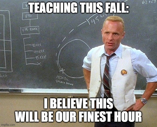 Apollo 13 Failure Is Not An Option | TEACHING THIS FALL:; I BELIEVE THIS WILL BE OUR FINEST HOUR | image tagged in apollo 13 failure is not an option | made w/ Imgflip meme maker