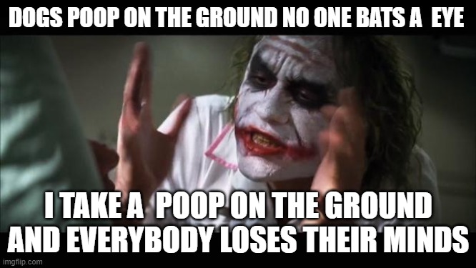 Not fair  .... | DOGS POOP ON THE GROUND NO ONE BATS A  EYE; I TAKE A  POOP ON THE GROUND AND EVERYBODY LOSES THEIR MINDS | image tagged in memes,and everybody loses their minds,pooping | made w/ Imgflip meme maker