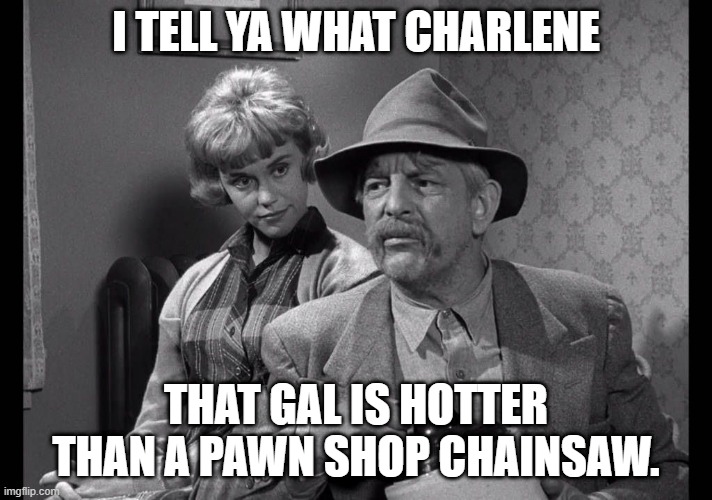 Hot Chick | I TELL YA WHAT CHARLENE; THAT GAL IS HOTTER THAN A PAWN SHOP CHAINSAW. | image tagged in good looking,oblivious hot girl,hot girls,pretty woman | made w/ Imgflip meme maker