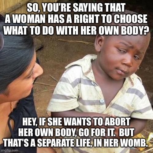 Third World Skeptical Kid Meme | SO, YOU’RE SAYING THAT A WOMAN HAS A RIGHT TO CHOOSE WHAT TO DO WITH HER OWN BODY? HEY, IF SHE WANTS TO ABORT HER OWN BODY, GO FOR IT.  BUT THAT’S A SEPARATE LIFE, IN HER WOMB. | image tagged in memes,third world skeptical kid | made w/ Imgflip meme maker