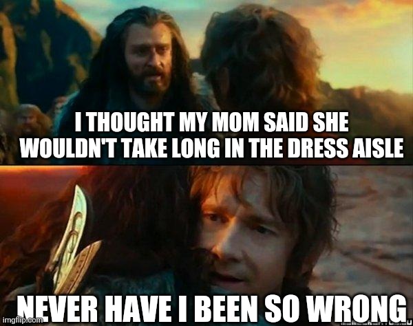Never Have I Been So Wrong | I THOUGHT MY MOM SAID SHE WOULDN'T TAKE LONG IN THE DRESS AISLE; NEVER HAVE I BEEN SO WRONG | image tagged in never have i been so wrong | made w/ Imgflip meme maker