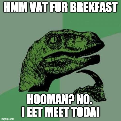 Vat fod today? | HMM VAT FUR BREKFAST; HOOMAN? NO.  I EET MEET TODAI | image tagged in memes,philosoraptor | made w/ Imgflip meme maker