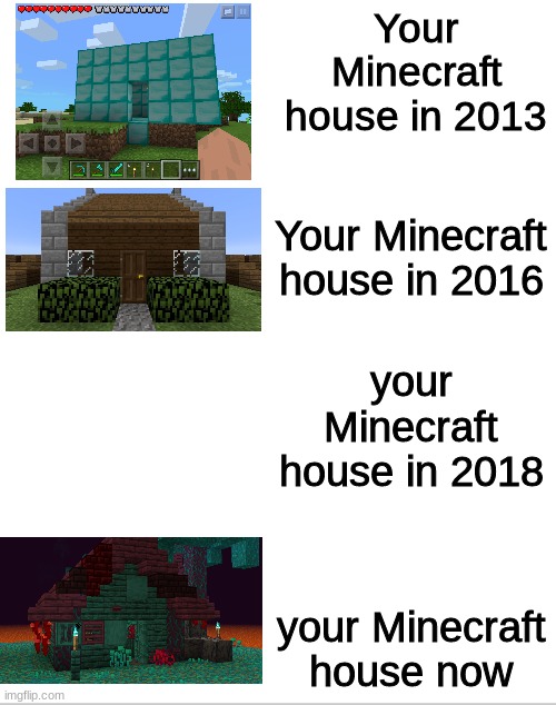 your minecraft house over the years | Your Minecraft house in 2013; Your Minecraft house in 2016; your Minecraft house in 2018; your Minecraft house now | image tagged in blank white template | made w/ Imgflip meme maker