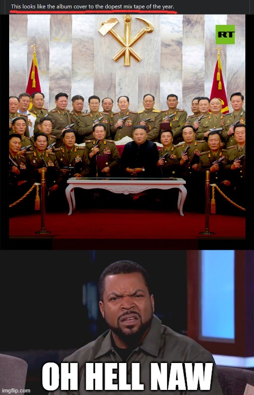 haaaah funny caption but no gangster rap did not make them do this | OH HELL NAW | image tagged in really ice cube,gangster,gangsters,mixtape,kim jong un,gangsta rap made me do it | made w/ Imgflip meme maker