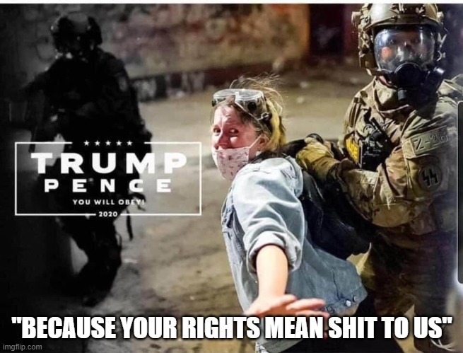 US gestapo | "BECAUSE YOUR RIGHTS MEAN SHIT TO US" | image tagged in democrats,liberals,dnc,joe biden | made w/ Imgflip meme maker