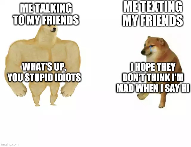 Buff Doge vs. Cheems Meme | ME TEXTING MY FRIENDS; ME TALKING TO MY FRIENDS; I HOPE THEY DON'T THINK I'M MAD WHEN I SAY HI; WHAT'S UP, YOU STUPID IDIOTS | image tagged in buff doge vs cheems | made w/ Imgflip meme maker