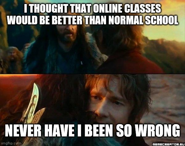 Never Have I Been So Wrong | I THOUGHT THAT ONLINE CLASSES WOULD BE BETTER THAN NORMAL SCHOOL; NEVER HAVE I BEEN SO WRONG | image tagged in never have i been so wrong | made w/ Imgflip meme maker