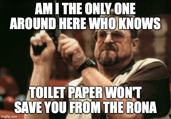 like wow guys | AM I THE ONLY ONE AROUND HERE WHO KNOWS; TOILET PAPER WON'T SAVE YOU FROM THE RONA | image tagged in memes,am i the only one around here | made w/ Imgflip meme maker