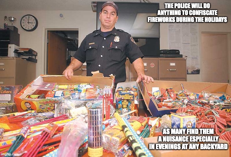 Confiscated Fireworks | THE POLICE WILL DO ANYTHING TO CONFISCATE FIREWORKS DURING THE HOLIDAYS; AS MANY FIND THEM A NUISANCE ESPECIALLY IN EVENINGS AT ANY BACKYARD | image tagged in fireworks,memes,4th of july | made w/ Imgflip meme maker
