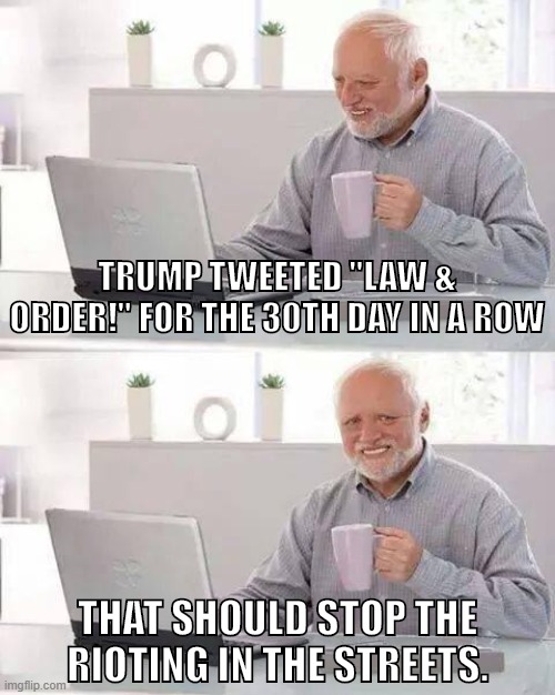 Yeah, but this WOULD be Biden's America too. | TRUMP TWEETED "LAW & ORDER!" FOR THE 30TH DAY IN A ROW; THAT SHOULD STOP THE RIOTING IN THE STREETS. | image tagged in memes,hide the pain harold,trump,trump twitter,police,black lives matter | made w/ Imgflip meme maker