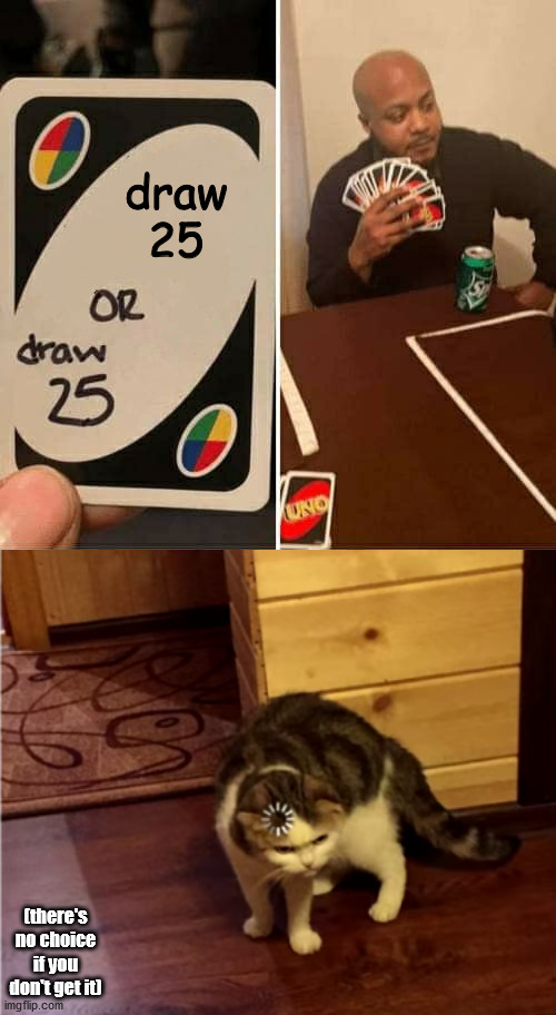 wait | draw 25; (there's no choice if you don't get it) | image tagged in loading cat hd,memes,uno draw 25 cards | made w/ Imgflip meme maker
